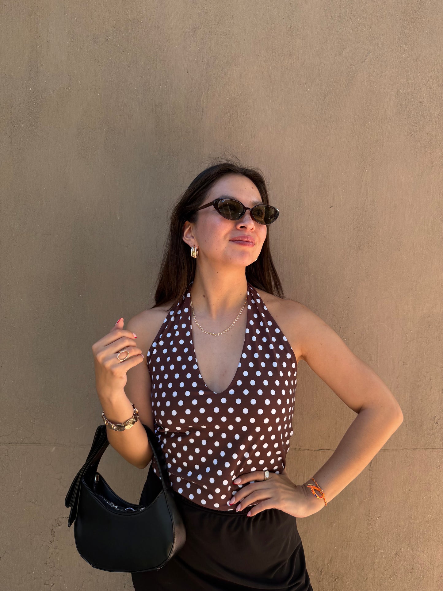 Top ajustable Lycra lunares café