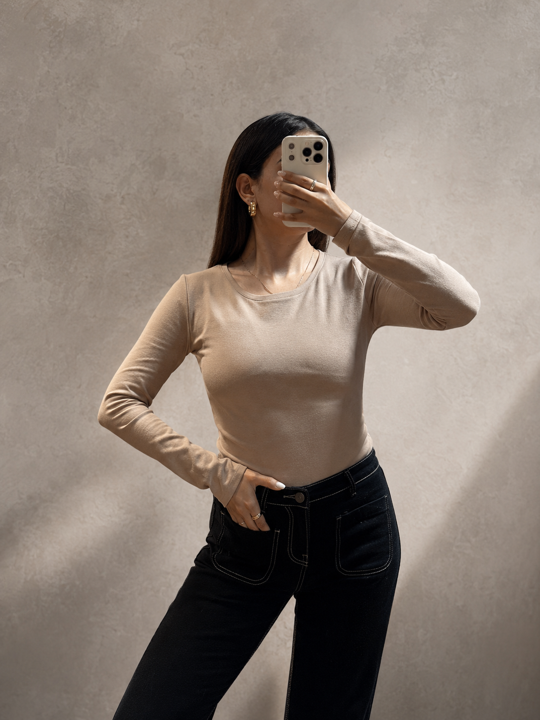 Polera manga larga Lycra algodón Beige