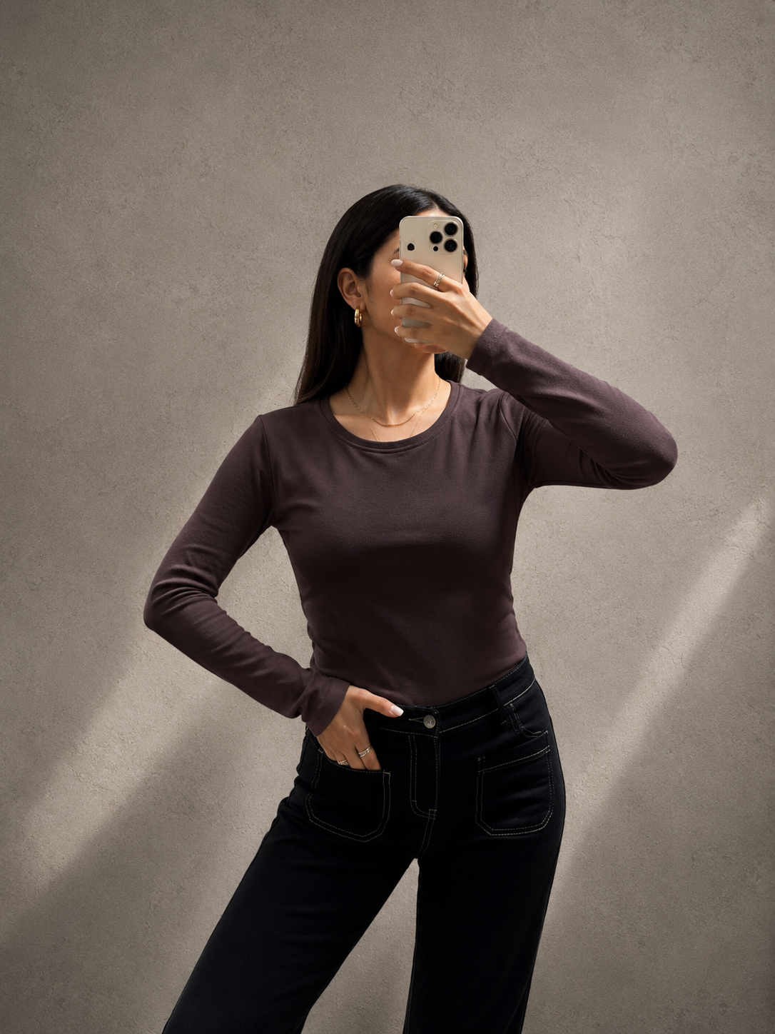 Polera manga larga Lycra algodón Café